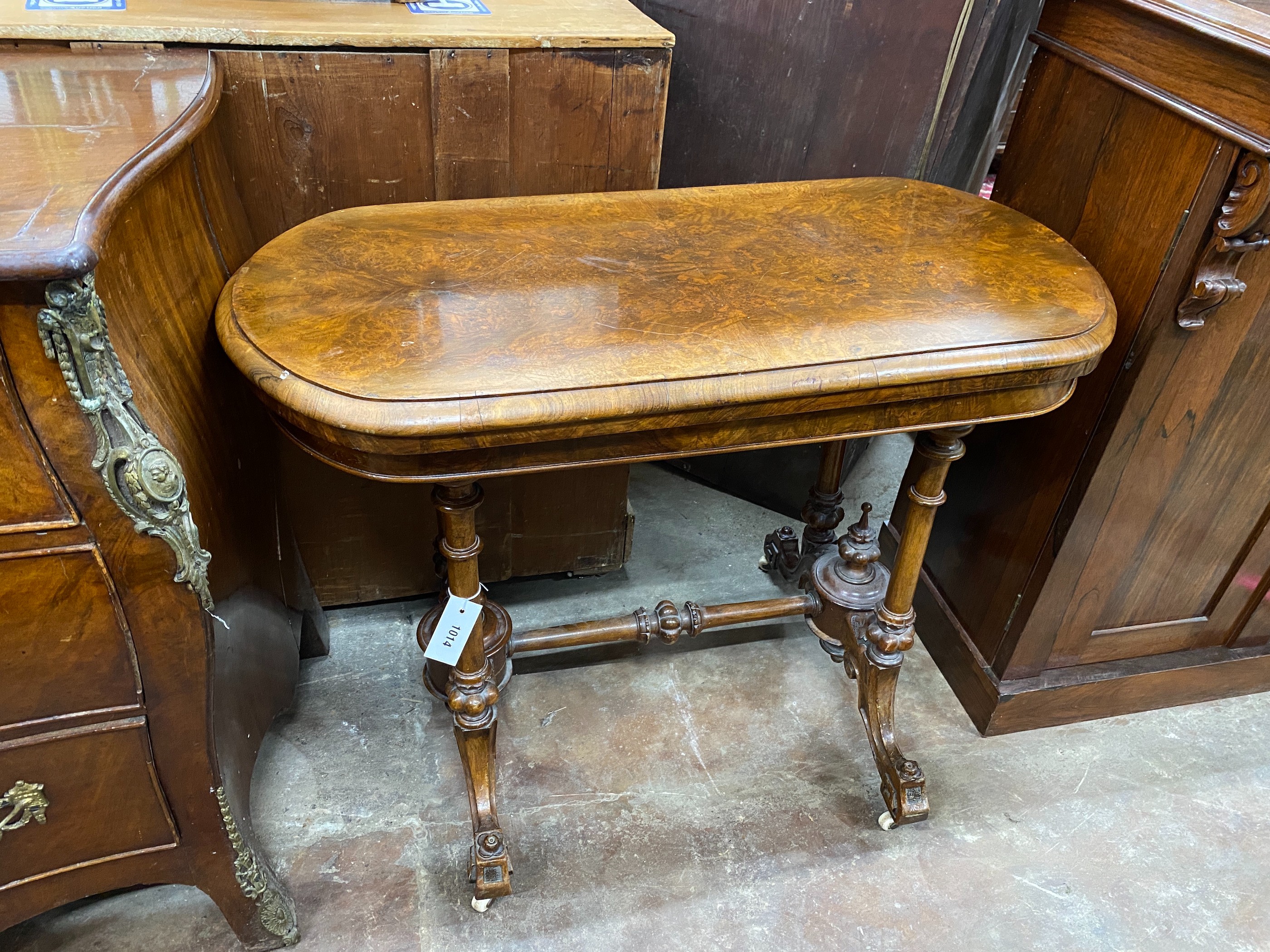 A Victorian burr walnut folding card table, width 92cm, depth 44cm, height 69cm